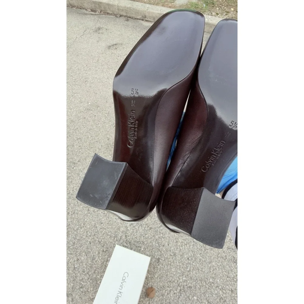 Calvin Klein Brown Leather Pumps Block Heel Square Toe Size‎ 5.5 B Italy